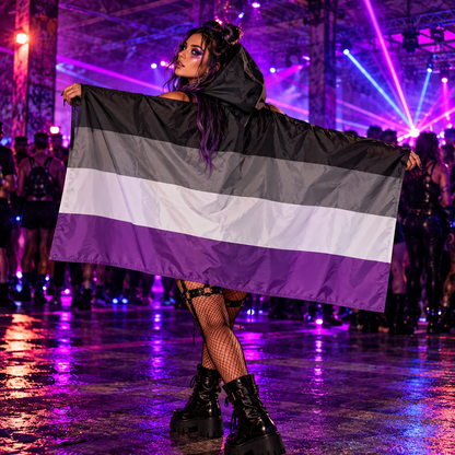 Person wearing an asexual pride hooded flag at a colourful underground rave.