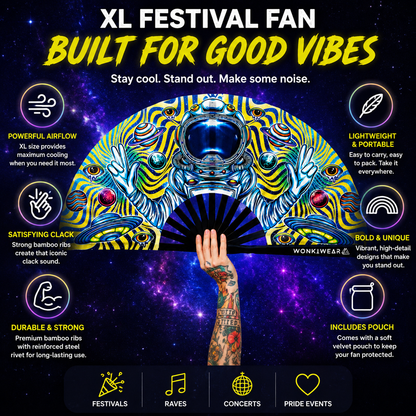 Benefits of Astronaut Adventures XL festival fan including airflow, clack sound and bamboo ribs