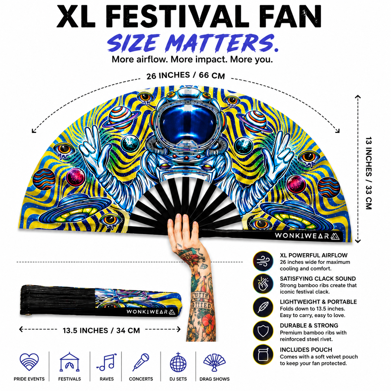 Astronaut Adventures XL festival fan dimensions showing 26 inch width and 13.5 inch folded length