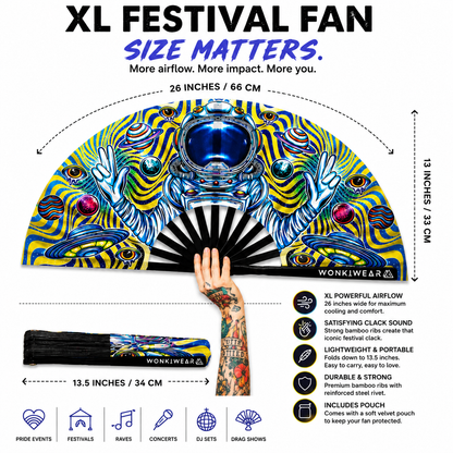 Astronaut Adventures XL festival fan dimensions showing 26 inch width and 13.5 inch folded length