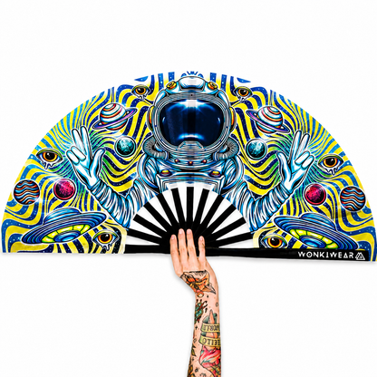 Astronaut Adventures XL festival fan featuring psychedelic astronaut artwork and black bamboo ribs
