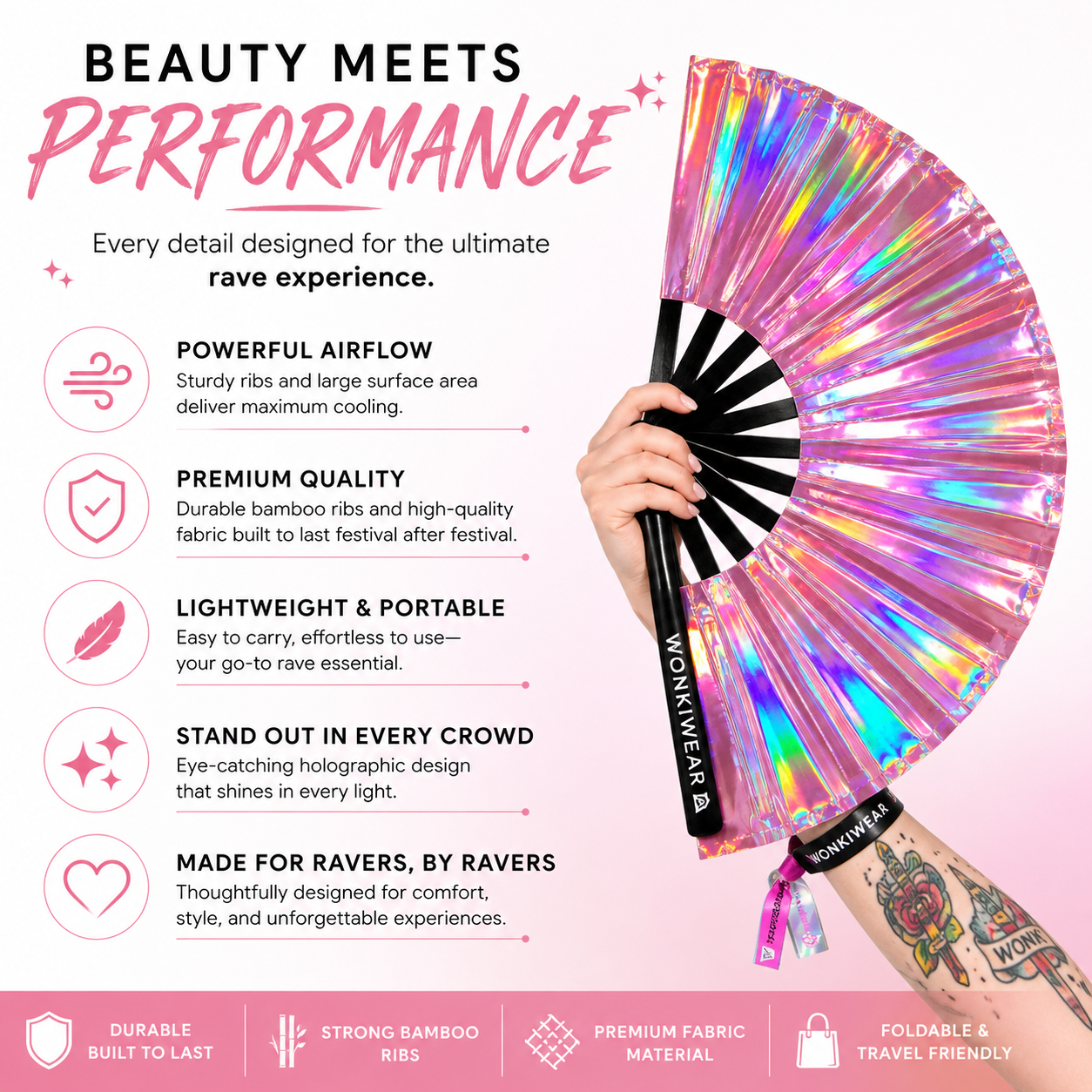 Benefits infographic for Aurora Galaxy XL pink iridescent festival fan