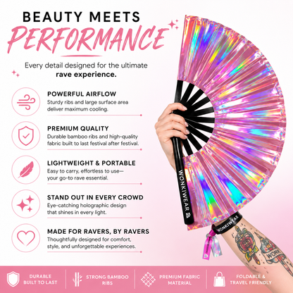 Benefits infographic for Aurora Galaxy XL pink iridescent festival fan