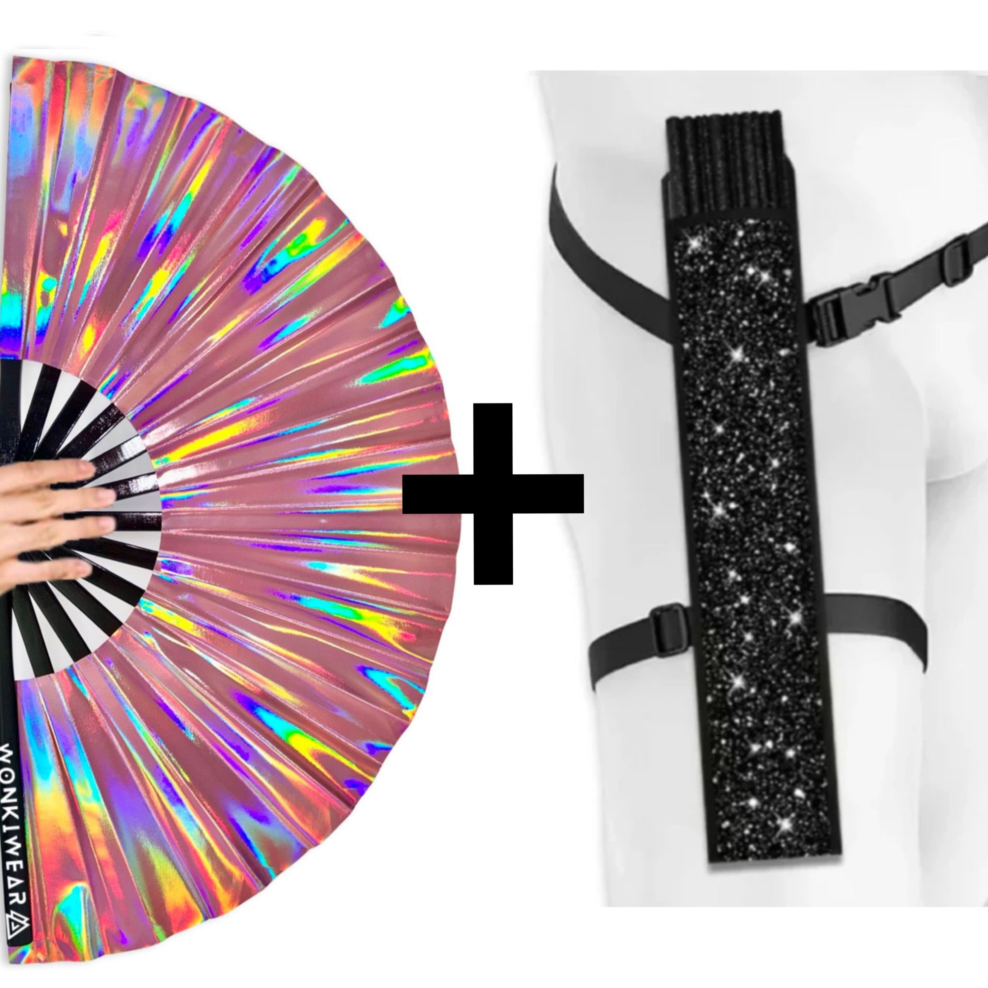 Aurora Galaxy XL iridescent festival fan with black shimmer holster bundle