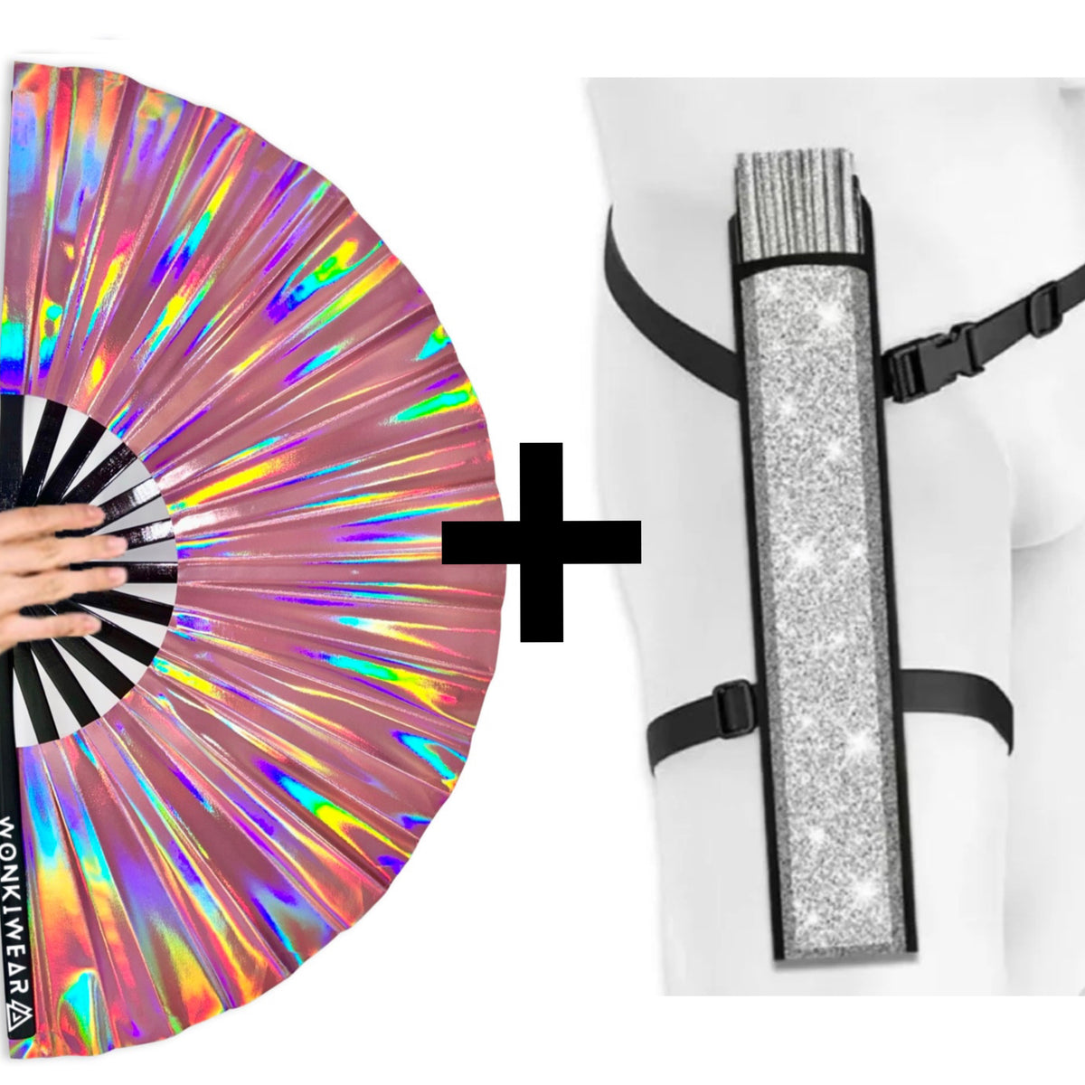 Aurora Galaxy XL iridescent festival fan with silver shimmer holster bundle