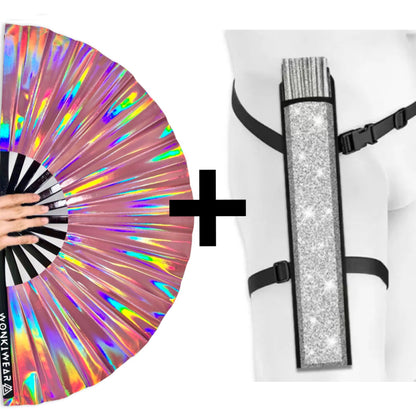 Aurora Galaxy XL iridescent festival fan with silver shimmer holster bundle
