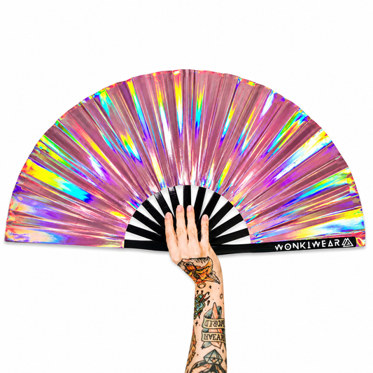 Aurora Galaxy XL pink iridescent festival fan with rainbow colour shifting finish