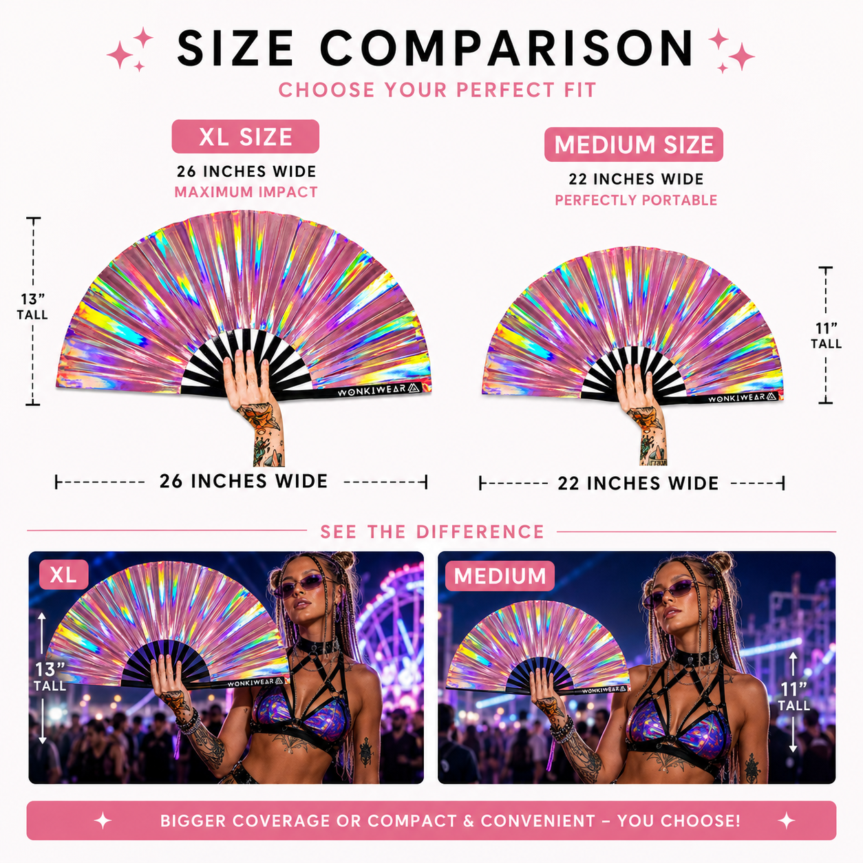 Size comparison showing Aurora Galaxy XL 26 inch fan and medium 22 inch fan