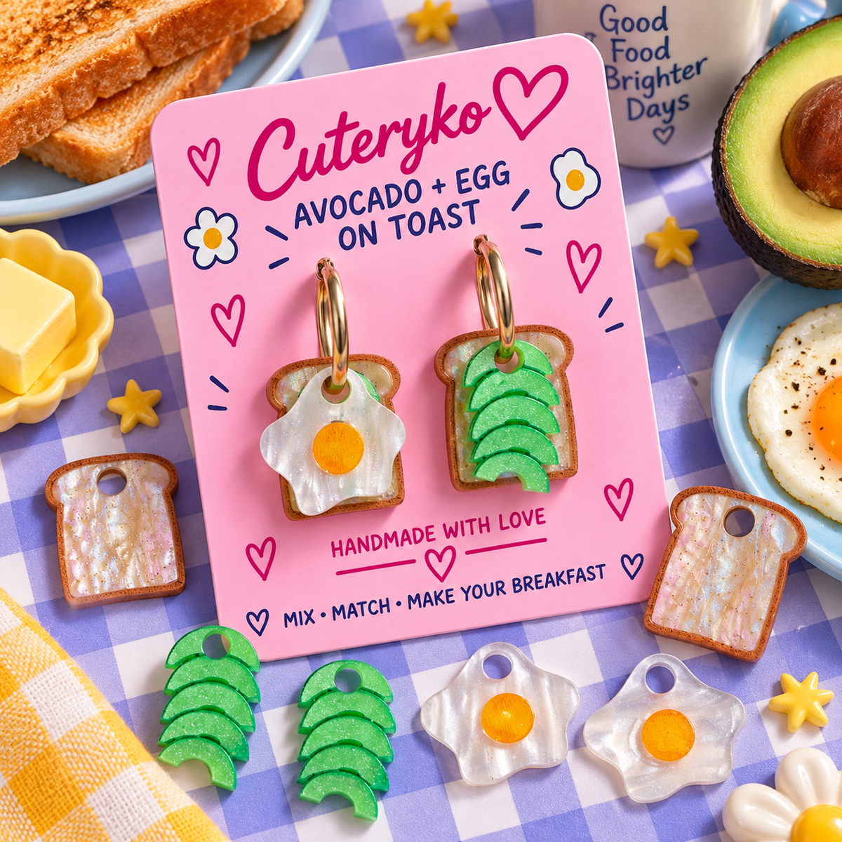 Avocado and Egg on Toast hoop earrings with toast, avocado and fried egg charms by Cuteryko