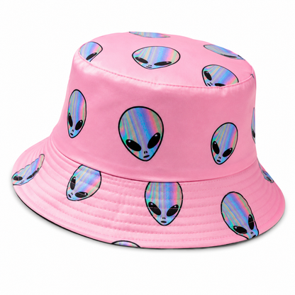 Angled view of baby pink alien bucket hat with holographic alien design