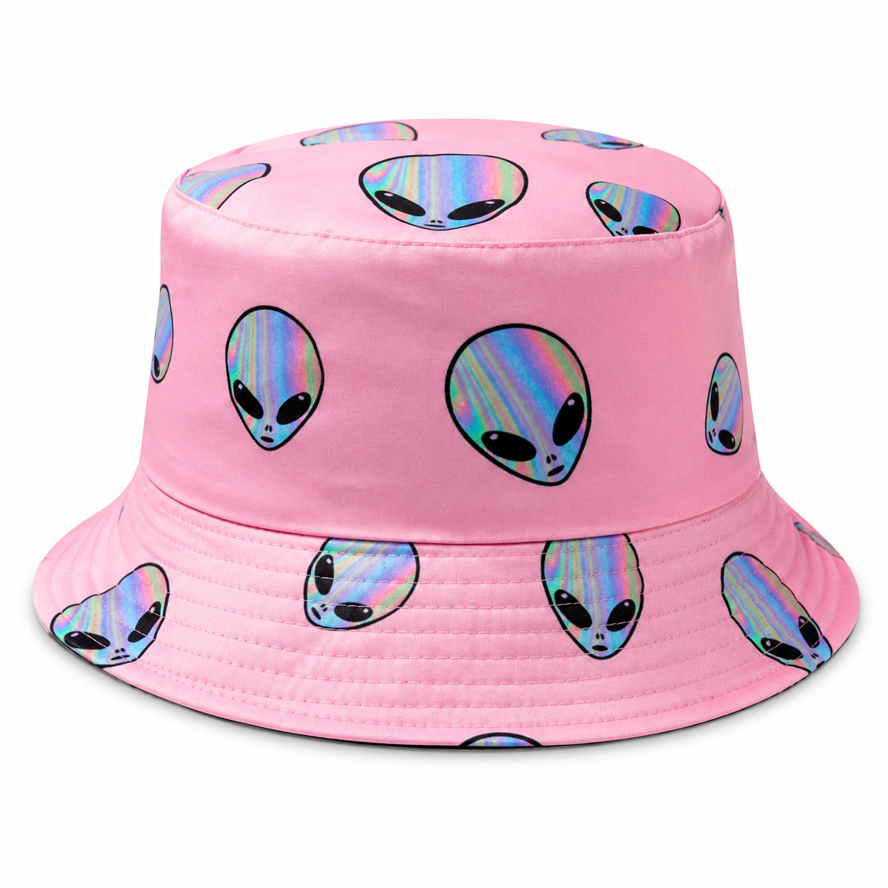 Baby pink alien bucket hat with holographic alien print for festivals and raves