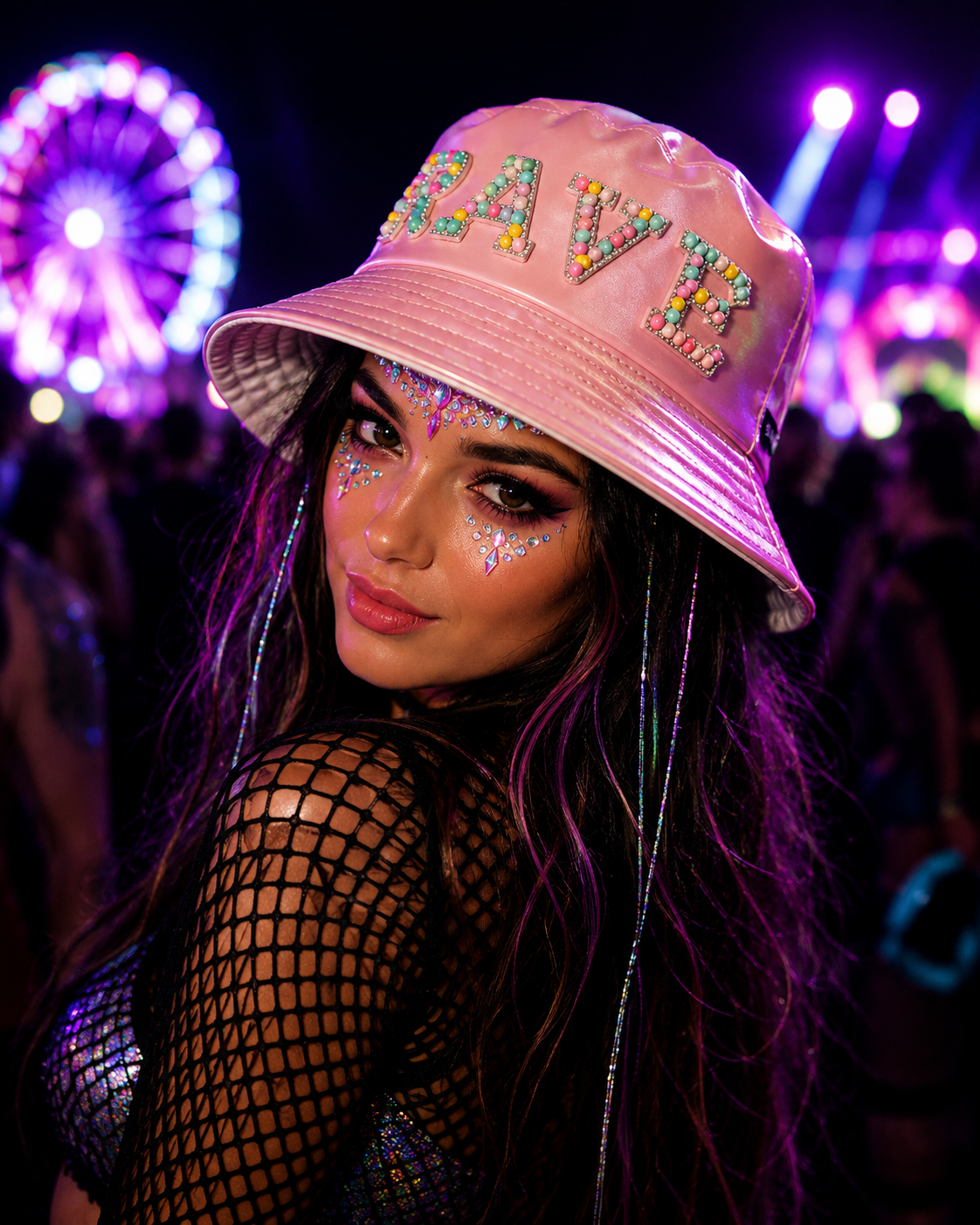 Festival outfit styling with baby pink metallic rave bucket hat