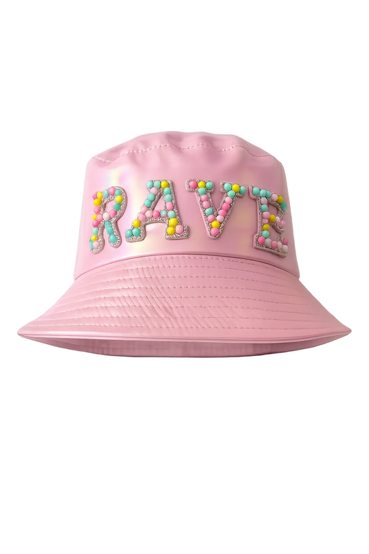 Handmade baby pink metallic rave bucket hat with embellished RAVE lettering by WonkiWear