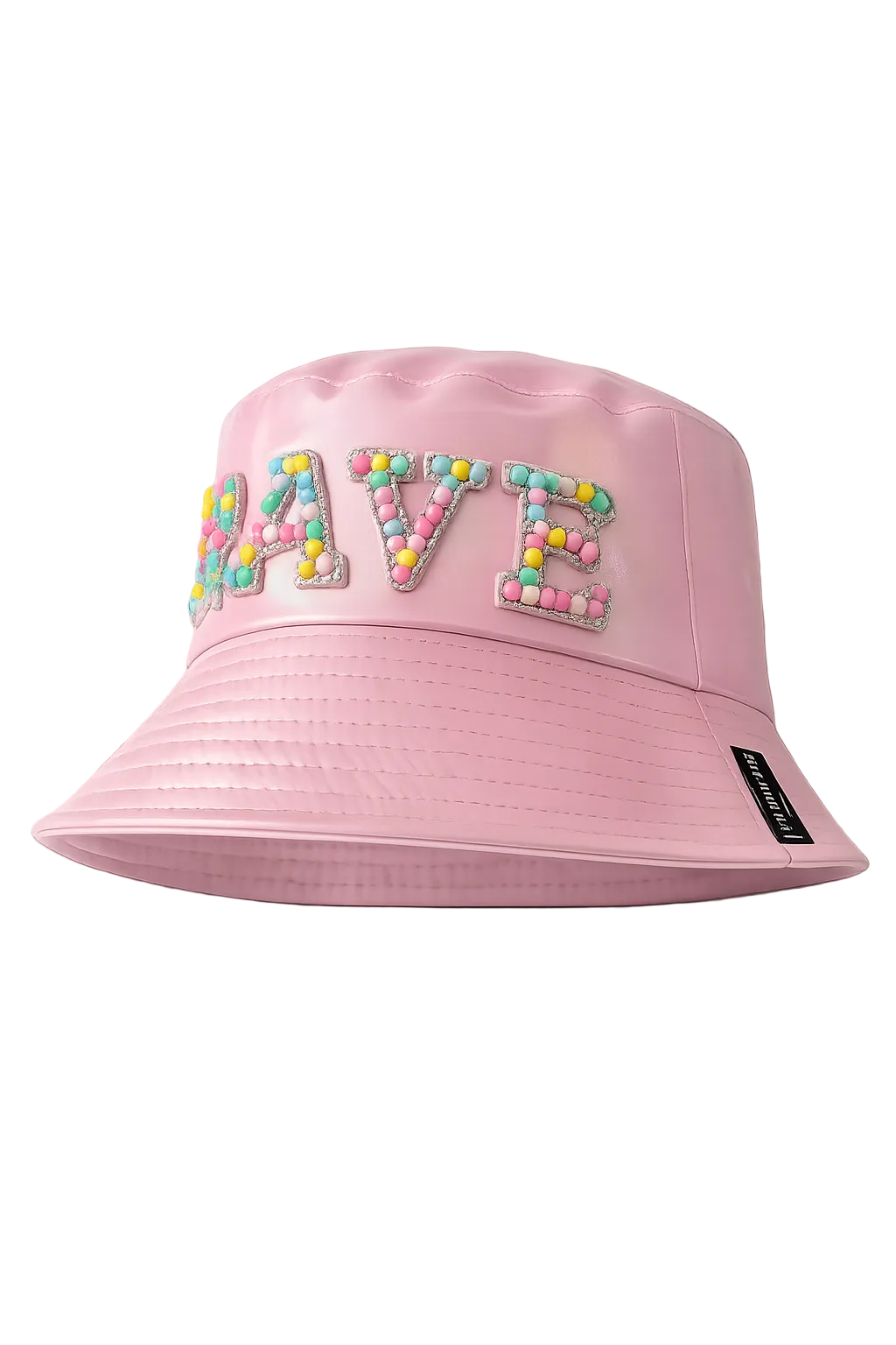 Side view of handmade baby pink metallic rave bucket hat festival accessory