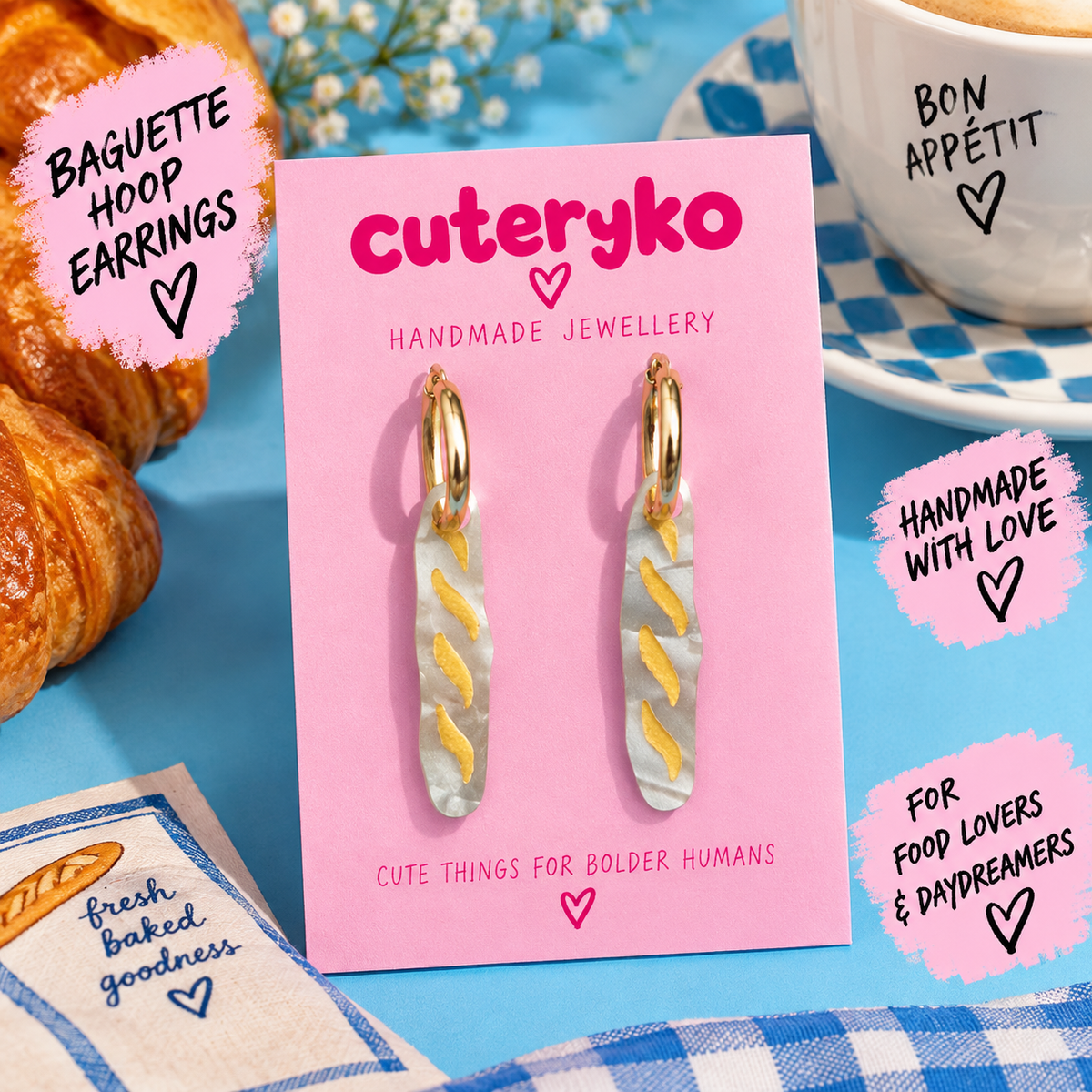 Baguette hoop earrings with hand-painted bread charms by Cuteryko