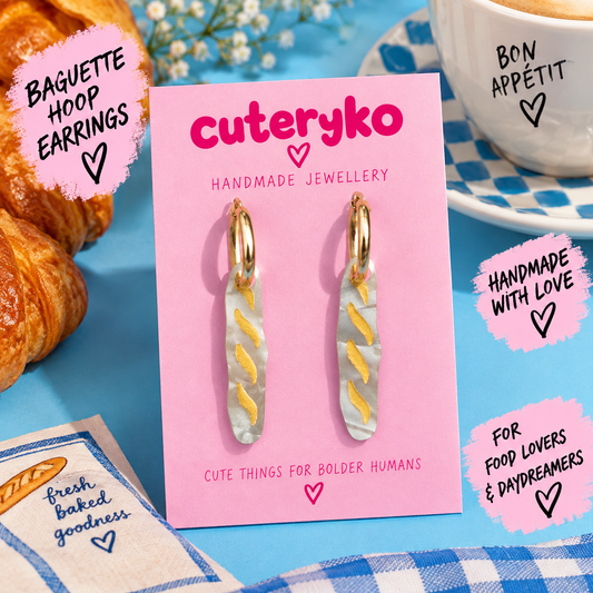 Baguette hoop earrings with hand-painted bread charms by Cuteryko