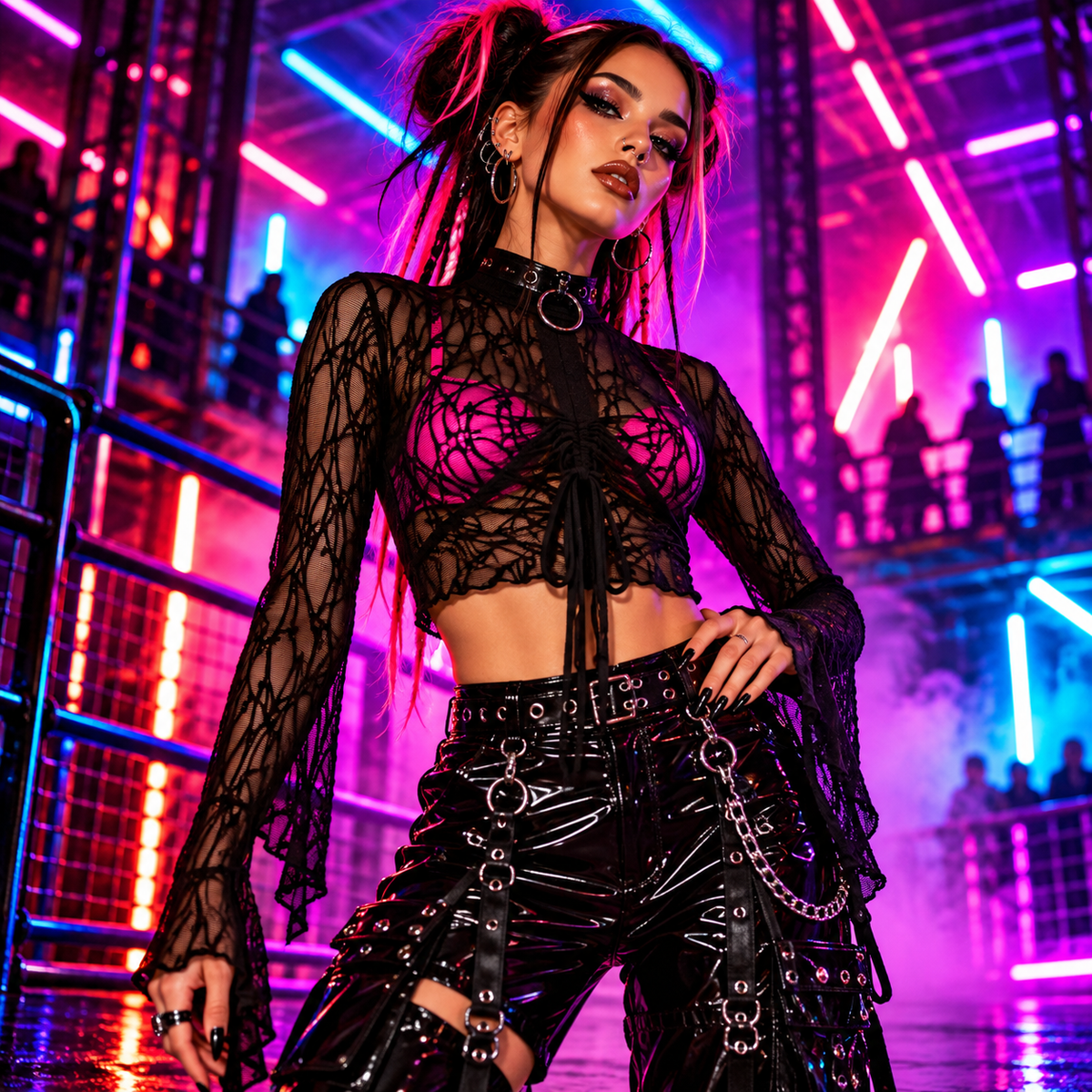 Banned Apparel Abyssia black sheer lace cropped top with ruched front and dramatic flared sleeves styled over neon ravewear.