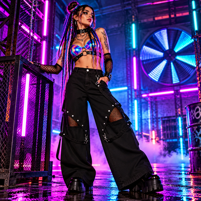 Banned Apparel Cinder black industrial wide-leg trousers with mesh thigh panels, silver rivets and D-ring strap details styled with a bright neon rave bra.