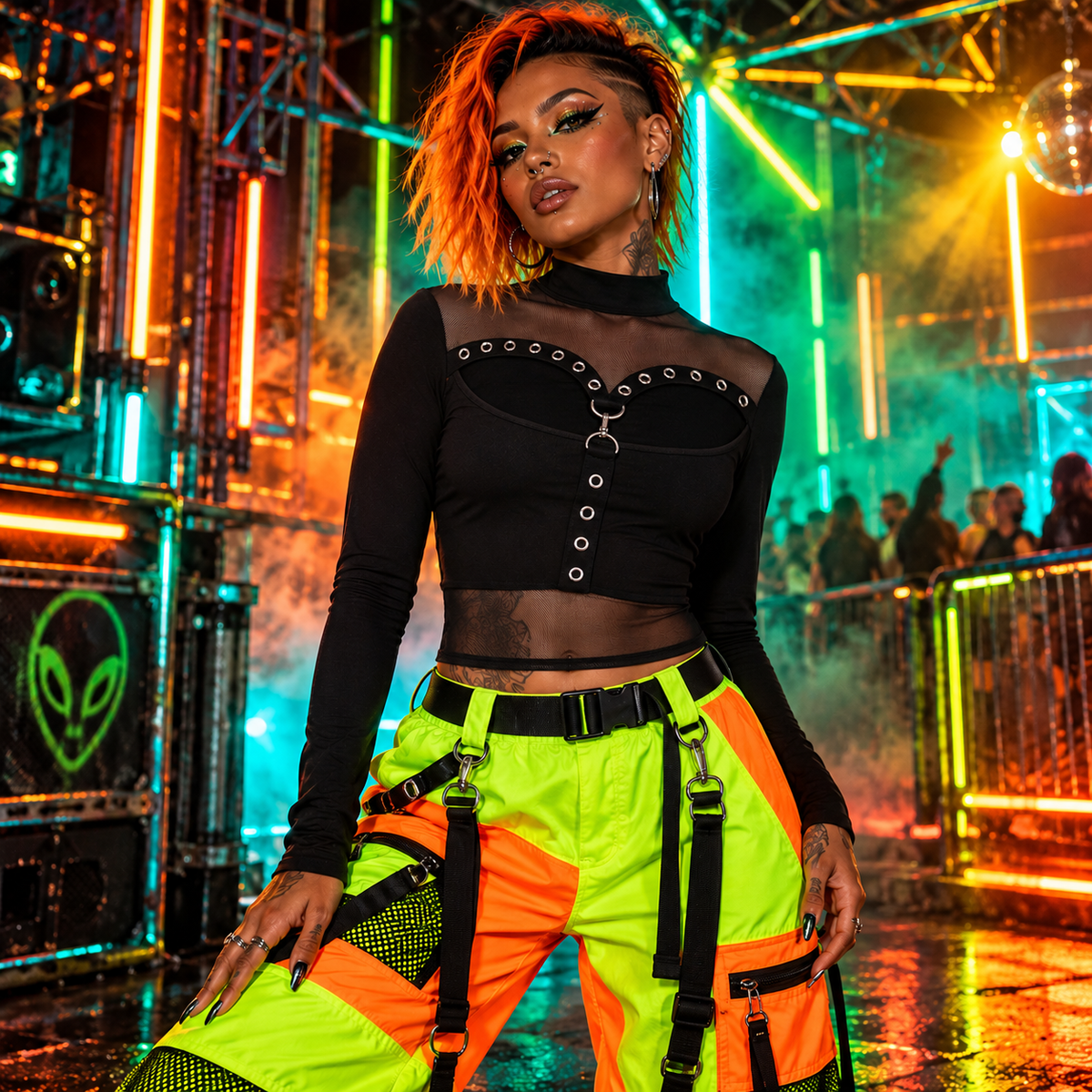 Banned Apparel Cordelia black sheer mesh goth top with eyelet bust cut-out and D-ring detail styled with neon ravewear.