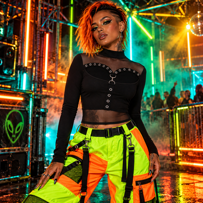 Banned Apparel Cordelia black sheer mesh goth top with eyelet bust cut-out and D-ring detail styled with neon ravewear.