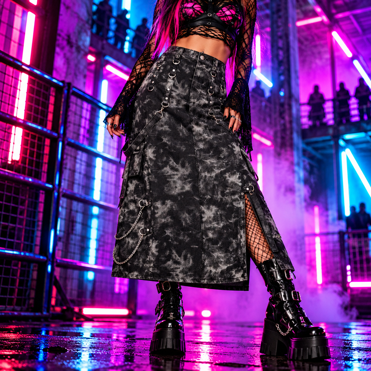 Banned Apparel Eris black acid-wash utility midi skirt with O-rings, straps, cargo pockets and silver chains styled for an industrial rave look.