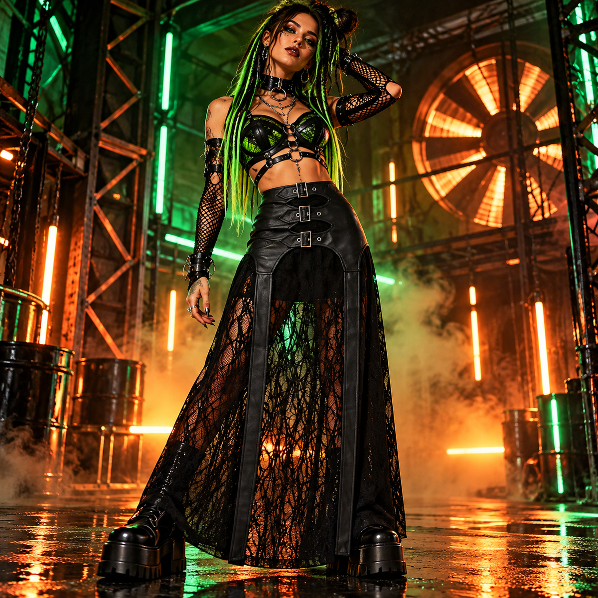 Banned Apparel Velkyn black faux leather buckle strap maxi skirt with semi-sheer knit panels styled with neon ravewear in an industrial club.