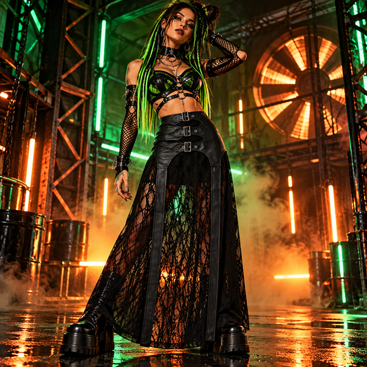 Banned Apparel Velkyn black faux leather buckle strap maxi skirt with semi-sheer knit panels styled with neon ravewear in an industrial club.