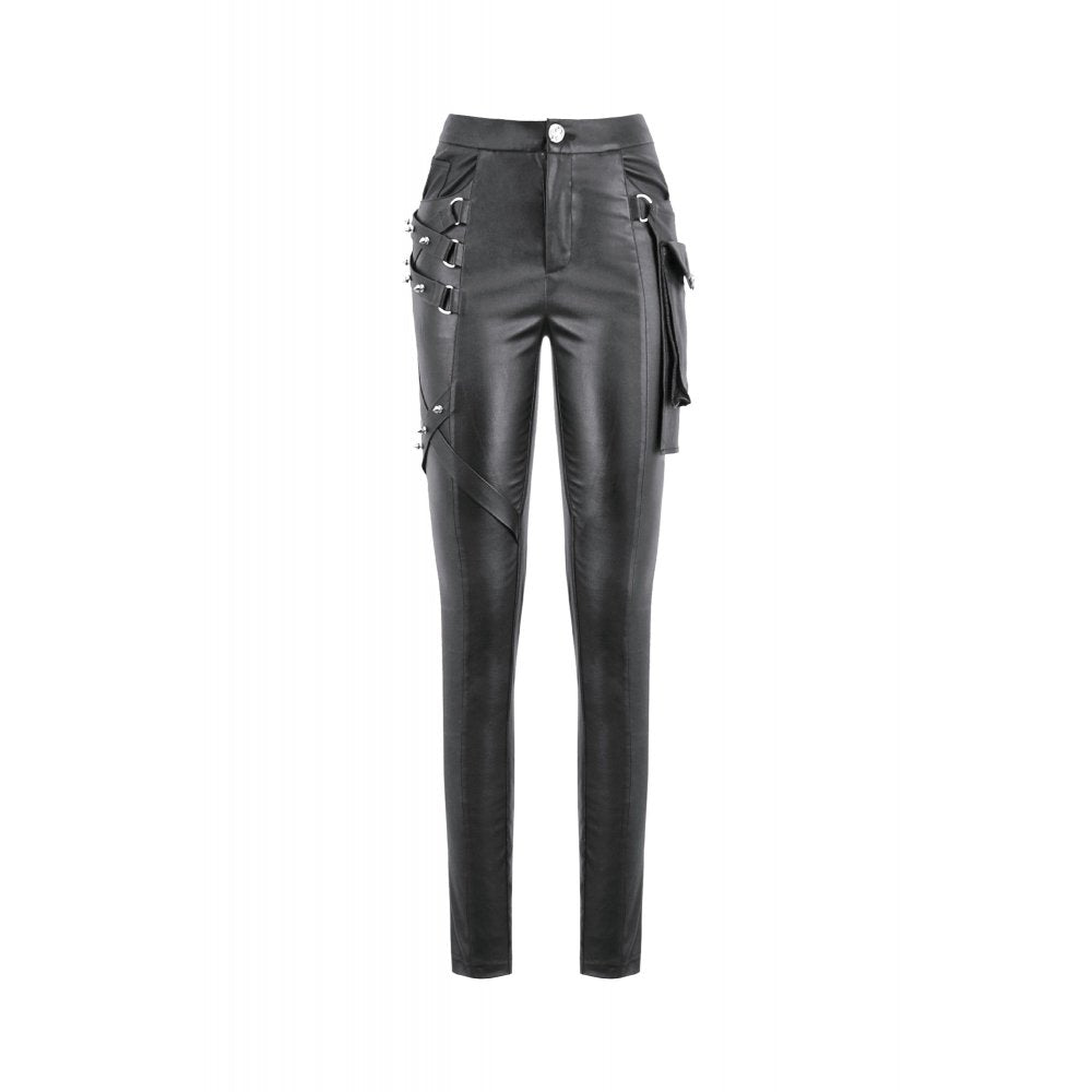 Black Leather-Look Strap Detail Rave Trousers | Dark in Love