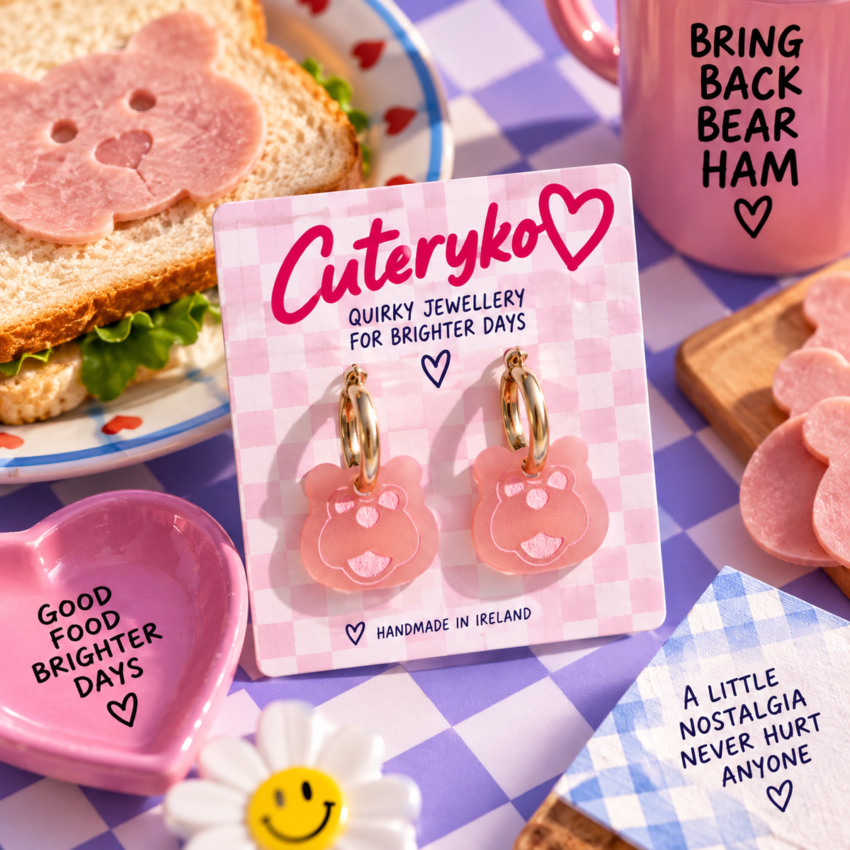 Bear Ham hoop earrings featuring pink bear-shaped ham acrylic charms on silver hoops by Cuteryko