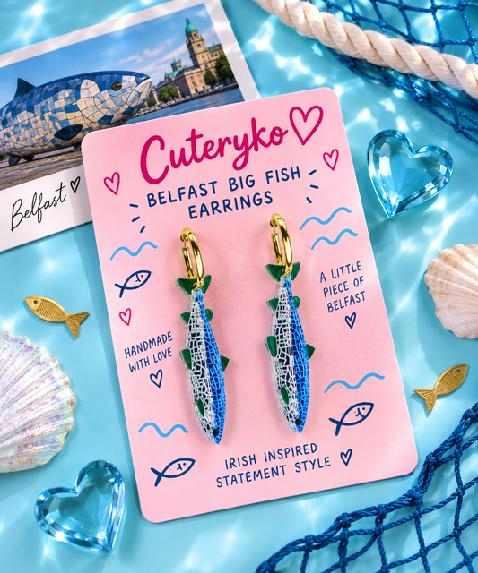 Belfast Big Fish hoop earrings with blue and pearlescent fish charms by Cuteryko