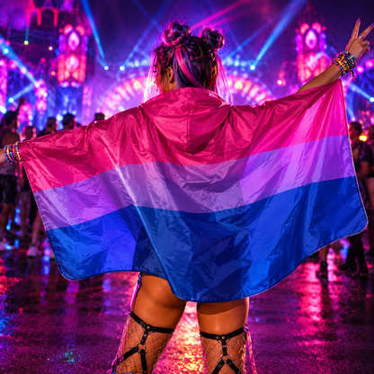Person wearing a bisexual pride hooded flag with arms outstretched at a vibrant neon rave
