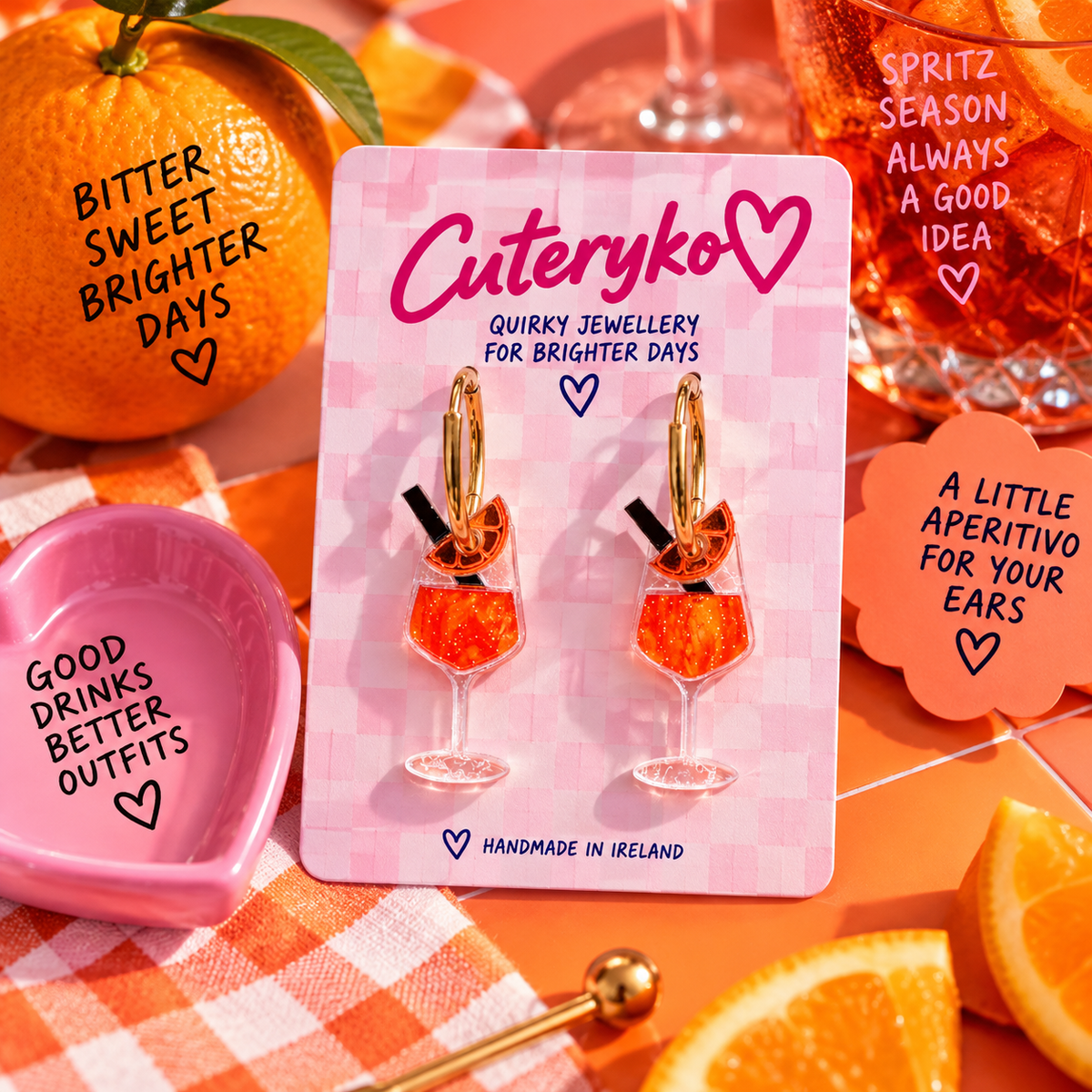 Bitter Orange Spritz hoop earrings with sparkling orange cocktail glass charms and gold hoops by Cuteryko