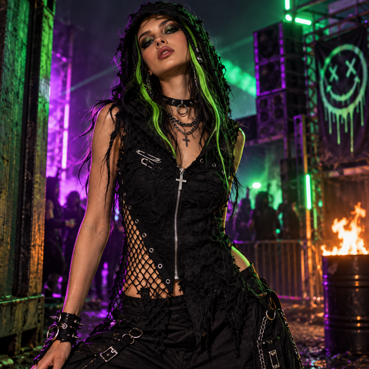 Black asymmetric hooded rave top with mesh panels and metal hardware styled at an underground free party