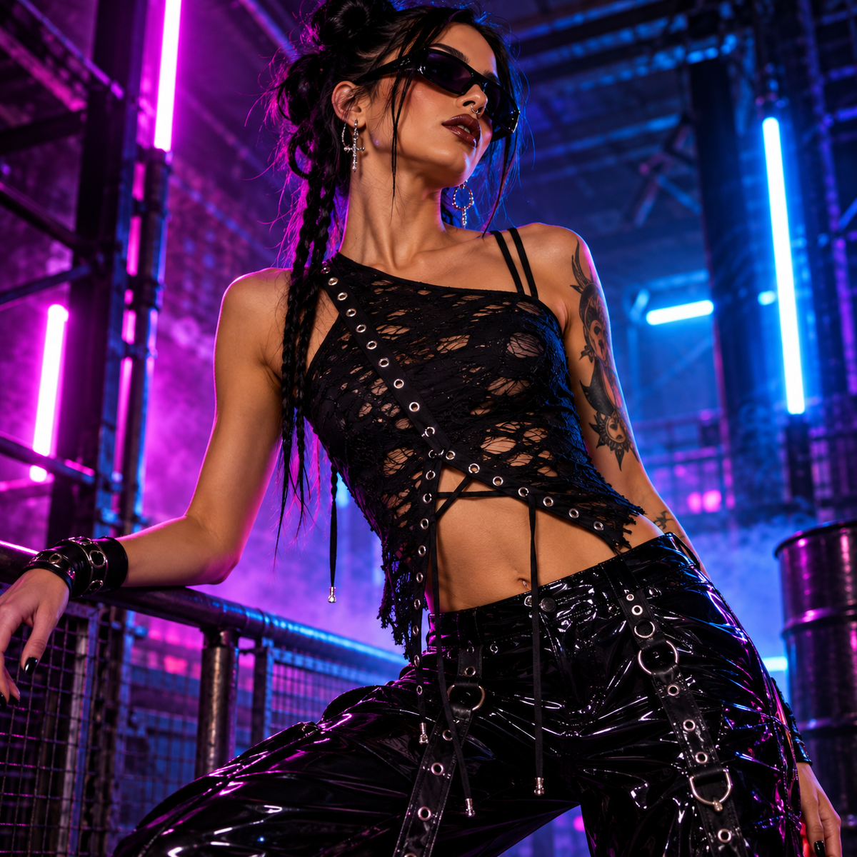 Black asymmetric lace rave top with silver eyelet detailing styled at an underground techno rave