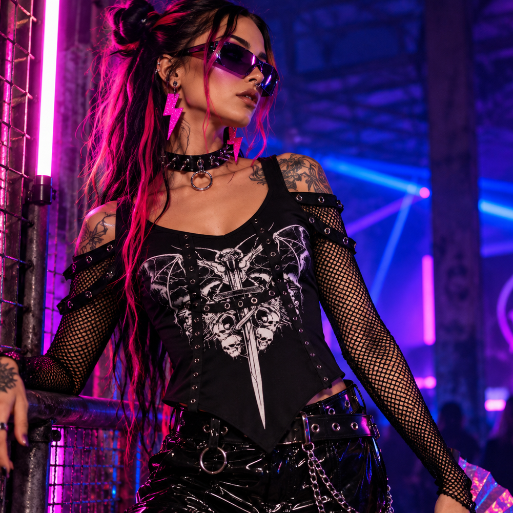 Black bat print rave top with fishnet sleeves styled for an underground techno rave