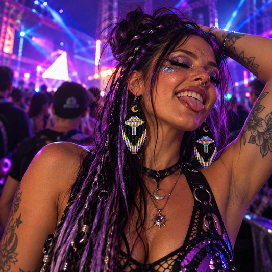 Black beaded UFO statement earrings worn by a woman at a neon-lit underground rave