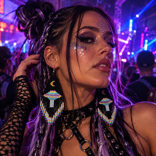 Black beaded UFO earrings worn by a woman at a colourful neon rave