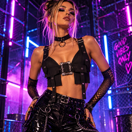 Black buckled utility rave crop top with straps and silver hardware styled at an underground techno rave