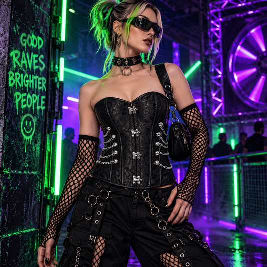 Black Vixxsin chain corset styled with fishnet sleeves and cargo trousers at an underground cyber rave