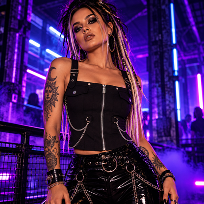 Black chain detail zip front top with silver hardware styled with glossy PVC trousers at an underground neon rave