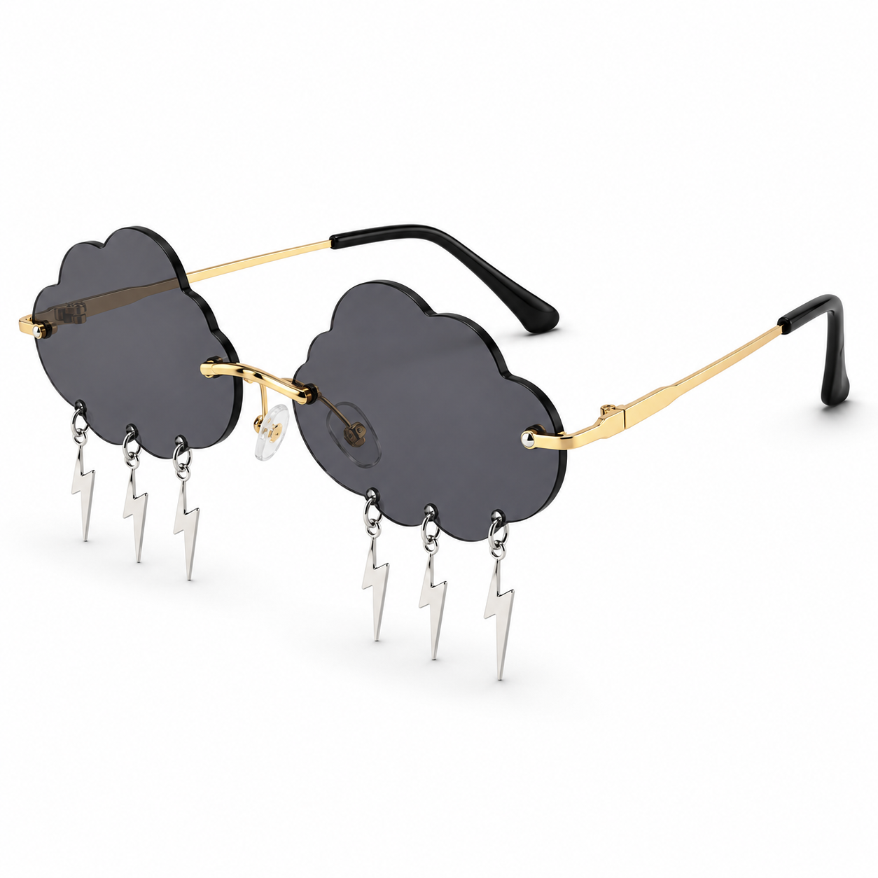 Black cloud shaped festival glasses with lightning bolt charms angled product view