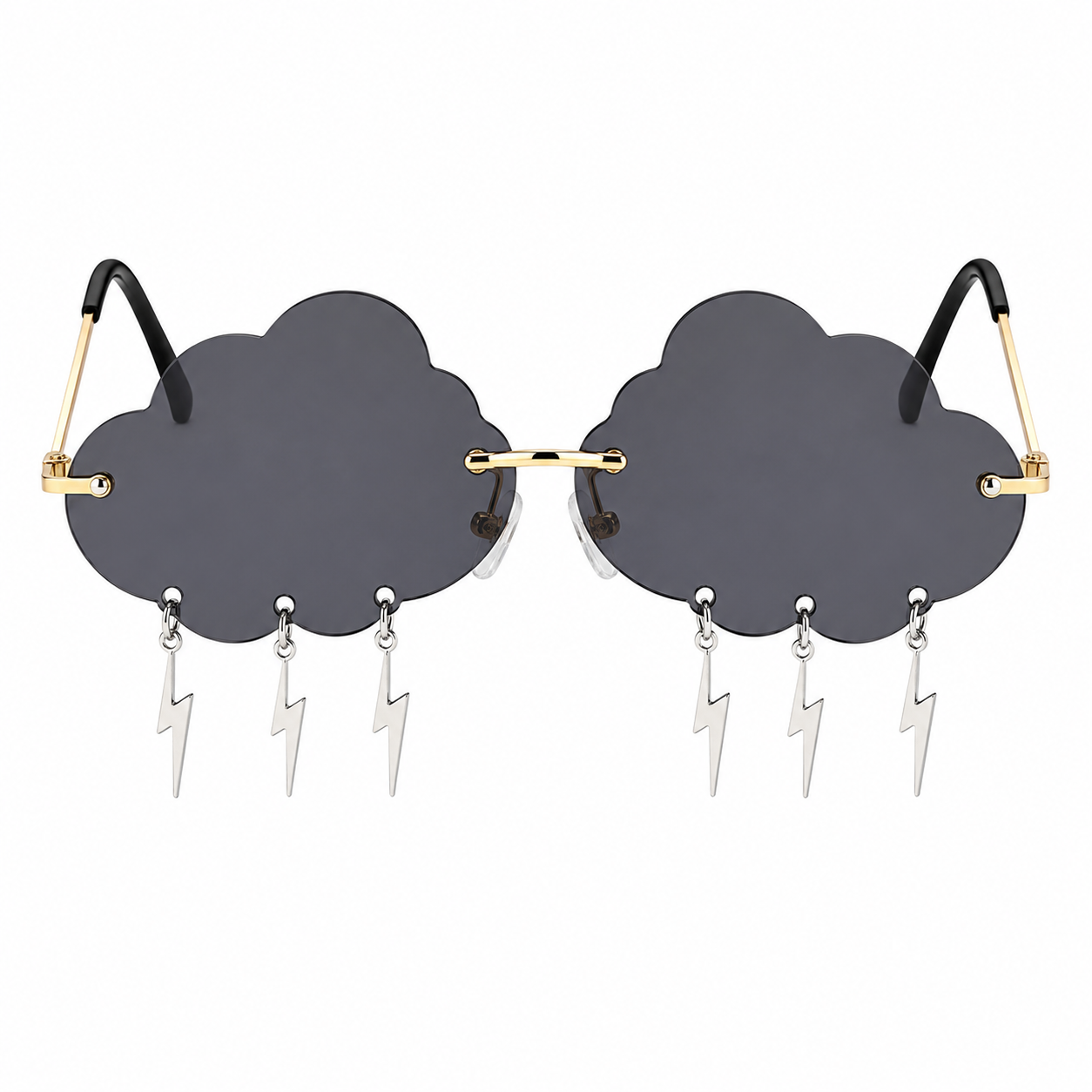 Black cloud shaped festival glasses with lightning bolt charms front view