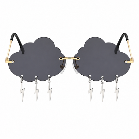 Black cloud shaped festival glasses with lightning bolt charms front view