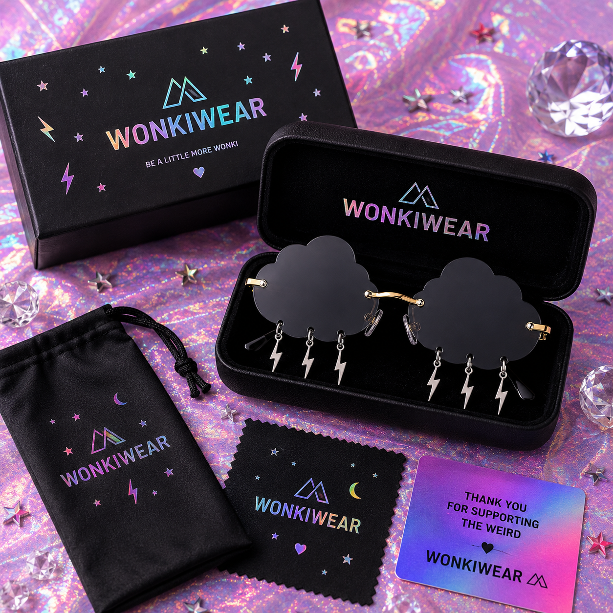 Black cloud lightning festival glasses in premium WonkiWear gift box