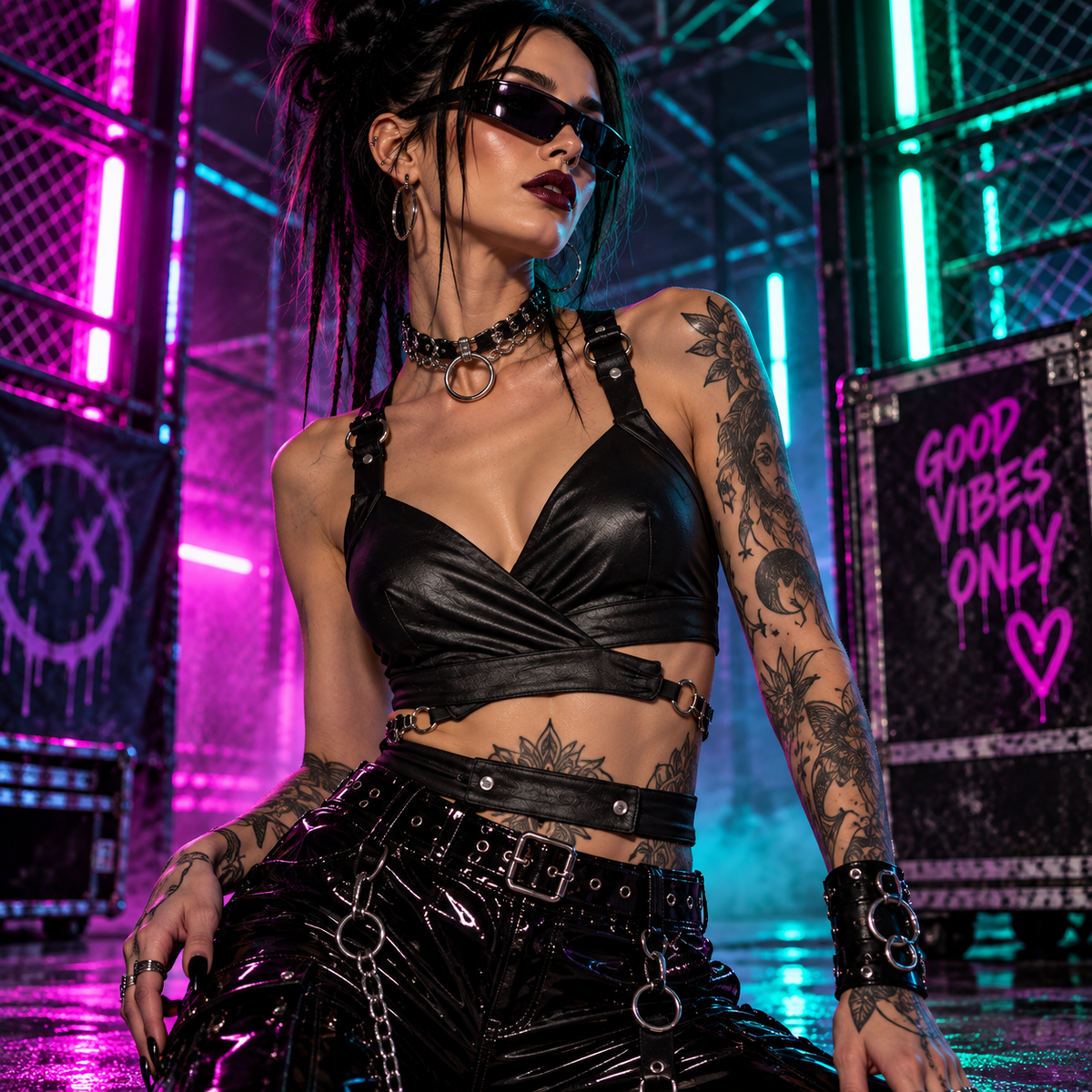 Black cross strap rave crop top with faux-leather finish styled at an underground techno rave