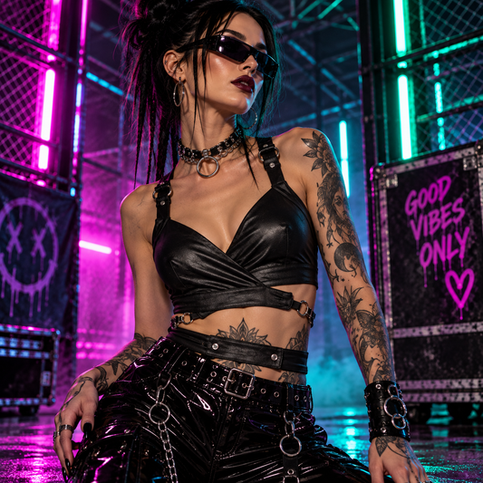 Black cross strap rave crop top with faux-leather finish styled at an underground techno rave