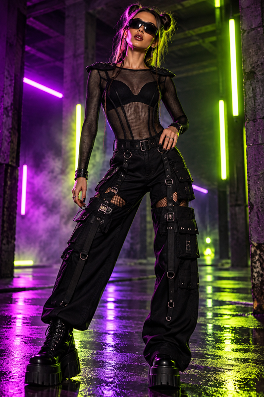 Black cyberpunk mesh rave bodysuit with futuristic shoulder panels styled at an underground techno rave