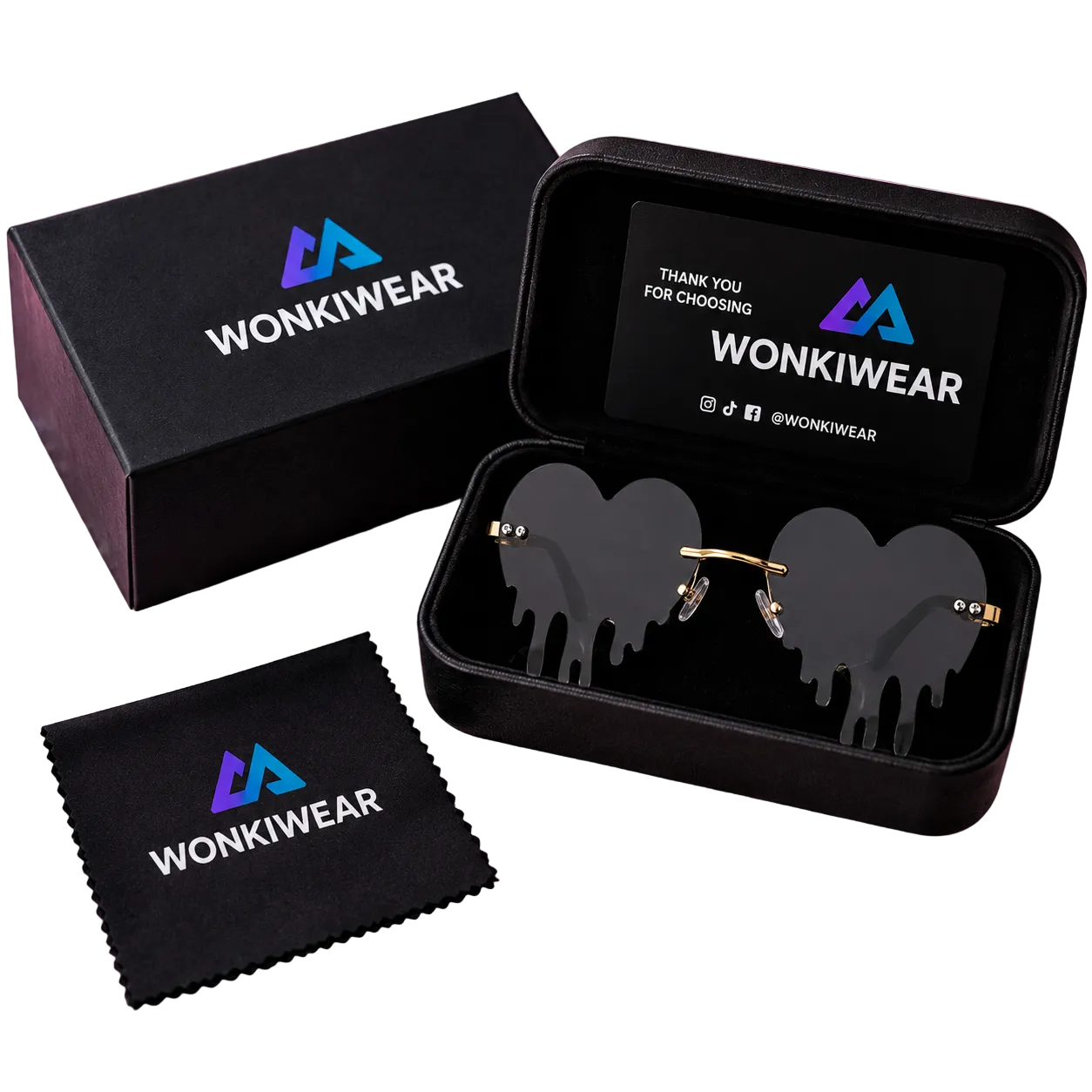 Black dripping heart sunglasses in WonkiWear premium gift box
