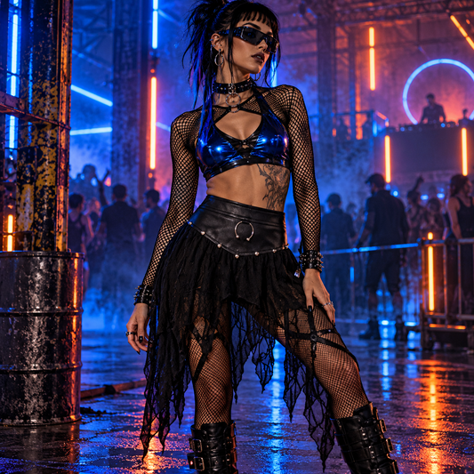 Black faux leather jagged rave skirt with silver O-ring and layered knit panels styled at an underground techno rave