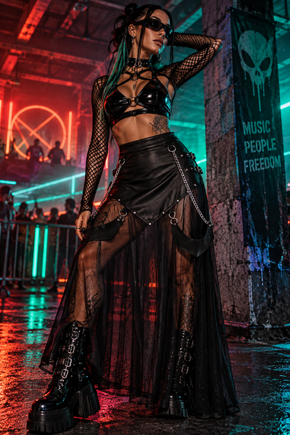 Black faux leather mesh rave skirt with chains, buckles and silver hardware styled at an underground techno rave